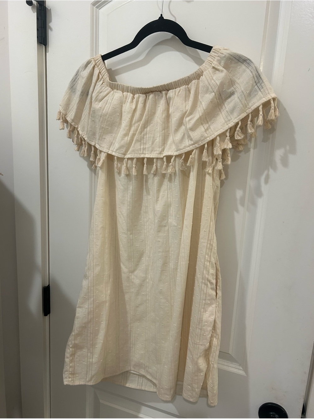 Cream Off Shoulder Tassel Boho Dress Size Small NWT